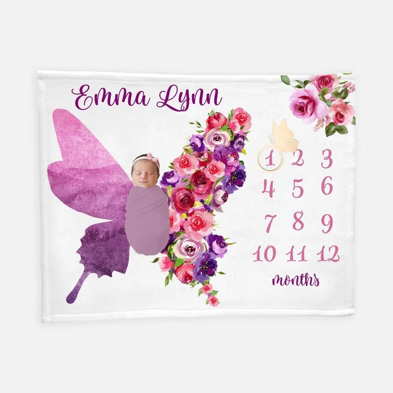 Purple Floral Butterfly Baby Milestones Blanket With Customized Name For Baby Girl Nursery, Daughter, Granddaughter - Image 2