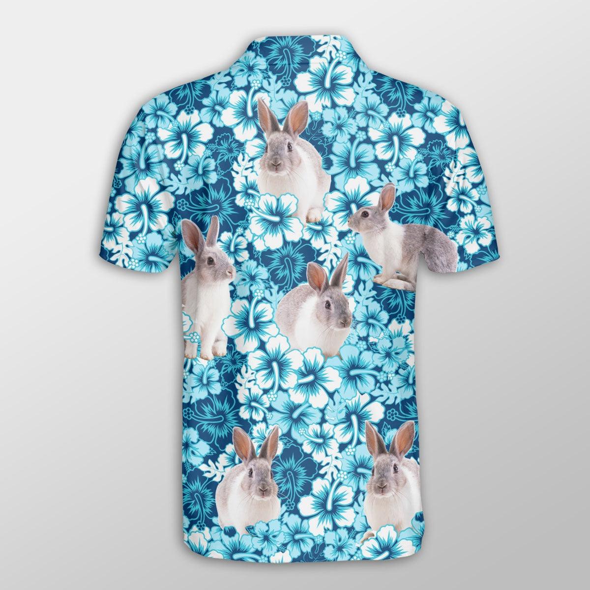 Rabbit Men Polo Shirts For Summer - Rabbit Blue Hibiscus Pattern Button Shirts For Men - Perfect Gift For Rabbit Lovers, Cattle Lovers - Image 2