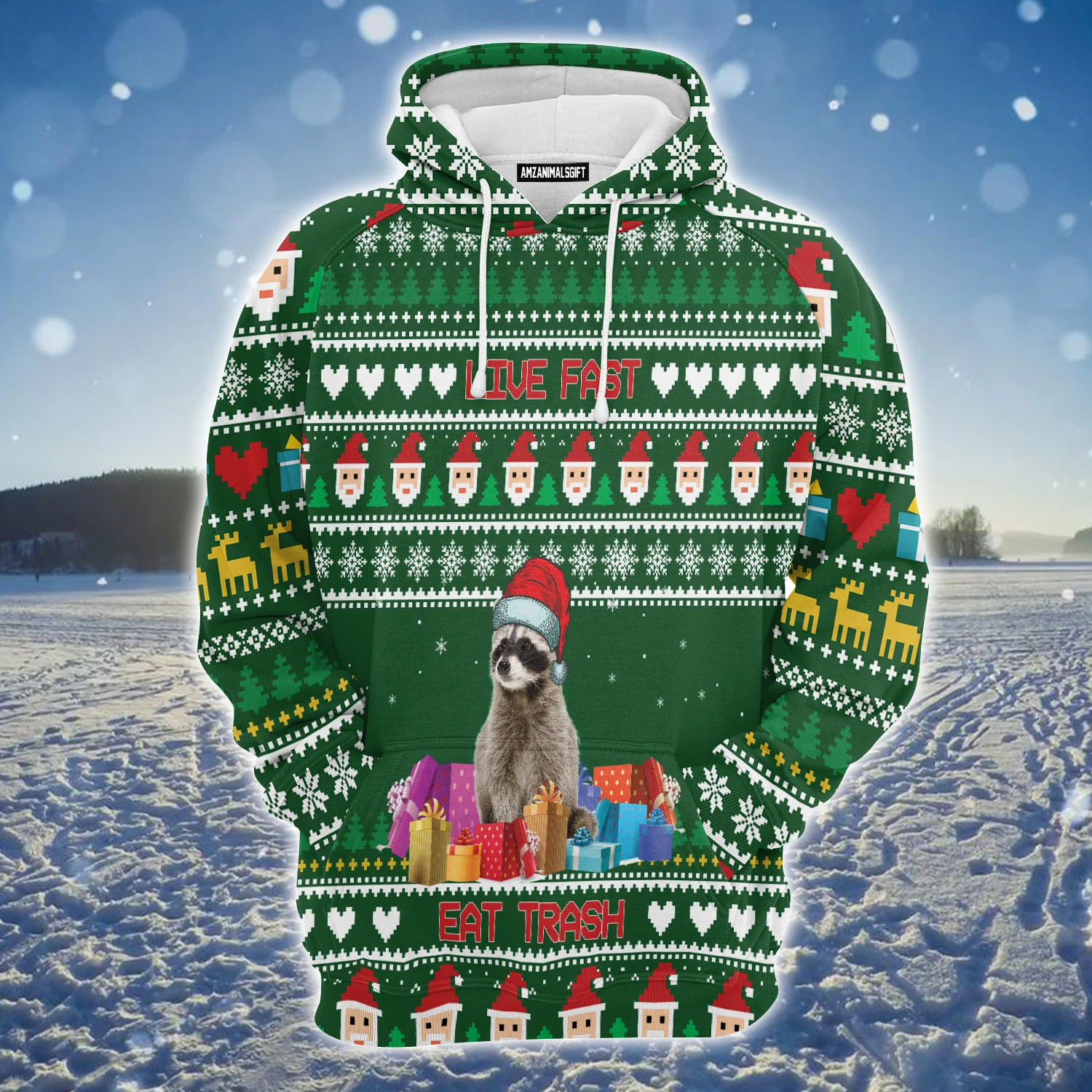 Raccoon Live Fast Eat Trash Premium Christmas Hoodie, Christmas Gifts Unisex Hoodie For Men & Women - Perfect Gift For Christmas, Beer Lovers - Image 2