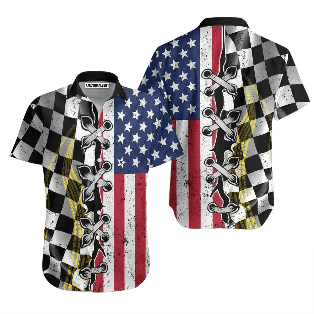 Racing Flag American Flag Dirt White Aloha Hawaiian Shirts For Men Women, 4th July Gift For Summer, Friend, Family, Independence Day, Racing Lovers