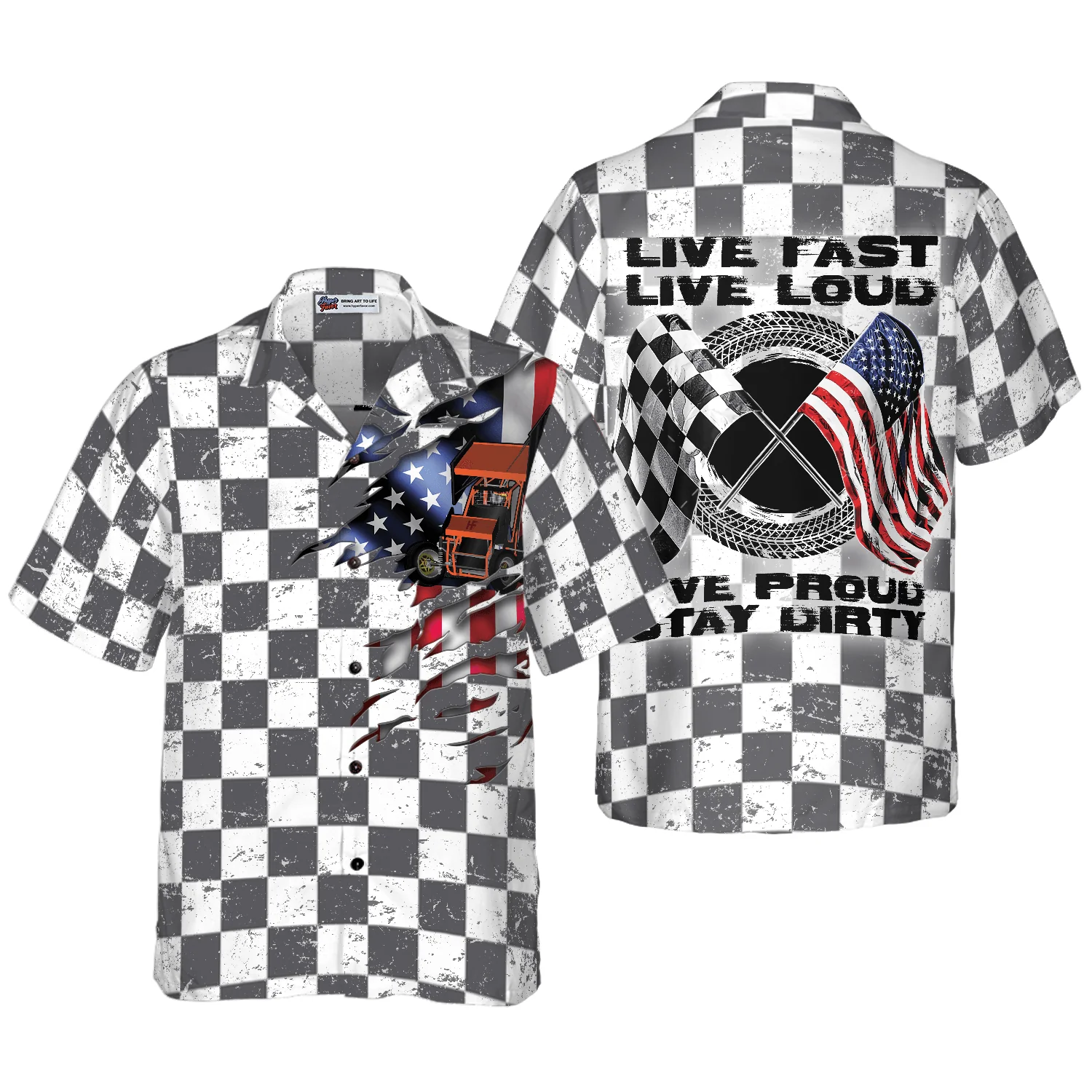 Racing Flag American Flag Hawaiian Shirt, Live Fast Live Loud Live Proud Stay Dirty Colorful Summer Aloha Shirt For Men Women, Perfect Gift For Friend