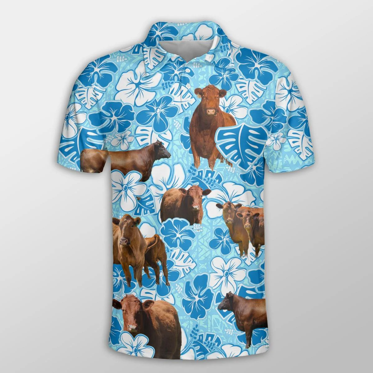 Red Angus Men Polo Shirts For Summer - Red Angus Blue Floral Pattern Button Shirts For Men - Perfect Gift For Red Angus Lovers, Cattle Lovers