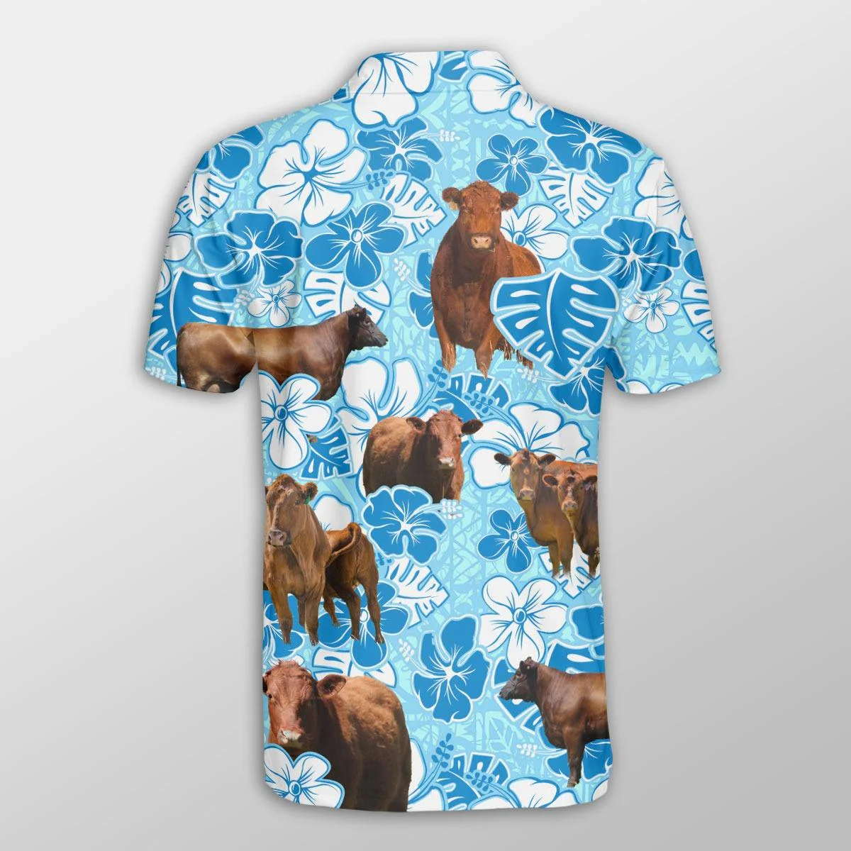 Red Angus Men Polo Shirts For Summer - Red Angus Blue Floral Pattern Button Shirts For Men - Perfect Gift For Red Angus Lovers, Cattle Lovers - Image 2