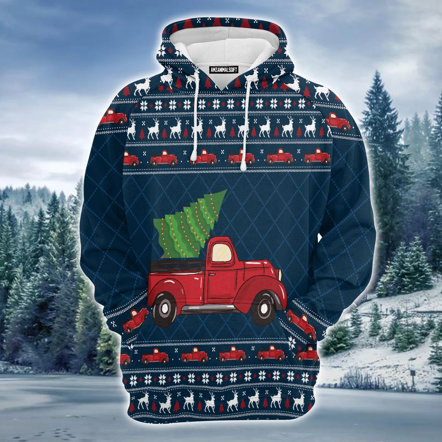 Red Truck Premium Christmas Hoodie, Christmas Tree Pattern Unisex Hoodie For Men & Women - Perfect Gift For Christmas, Friends, Family - Image 2