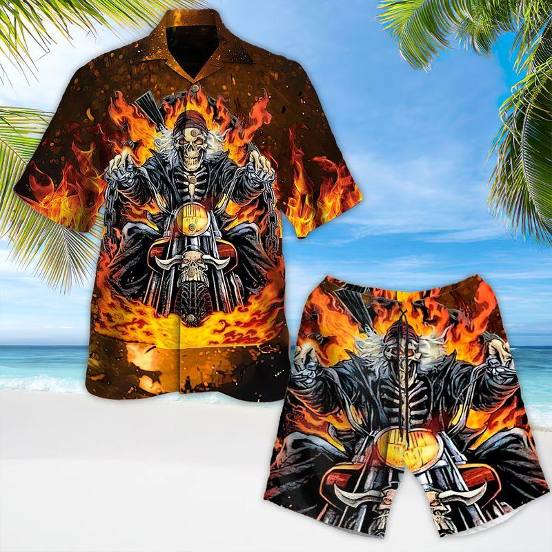 Riding Motorcycle Aloha Hawaiian Shirts For Summer, Grim Reaper Rider Skull Burning Hawaiian Set For Men Women, Gift For Friend, Motorcycle Lovers