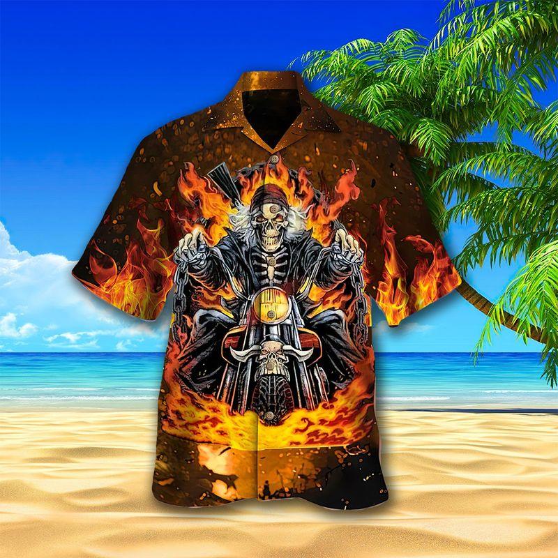 Riding Motorcycle Aloha Hawaiian Shirts For Summer, Grim Reaper Rider Skull Burning Hawaiian Set For Men Women, Gift For Friend, Motorcycle Lovers - Image 2