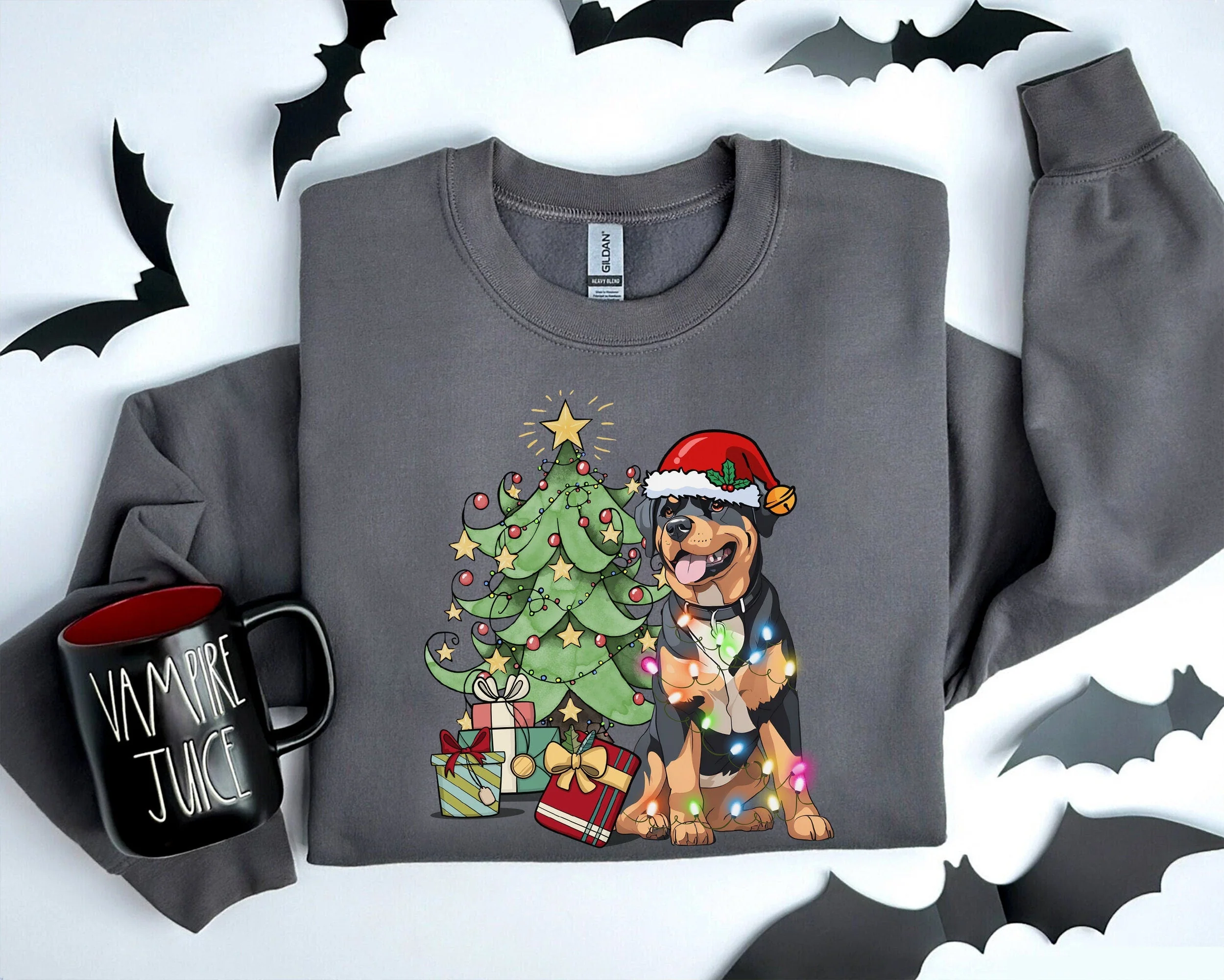 Rottweiler Christmas Sweatshirt, Rottweiler Sweatshirt, Rottweiler Xmas Gift, Rottweiler Christmas Tree, Rottweiler Christmas Tree Light Tee - Image 2