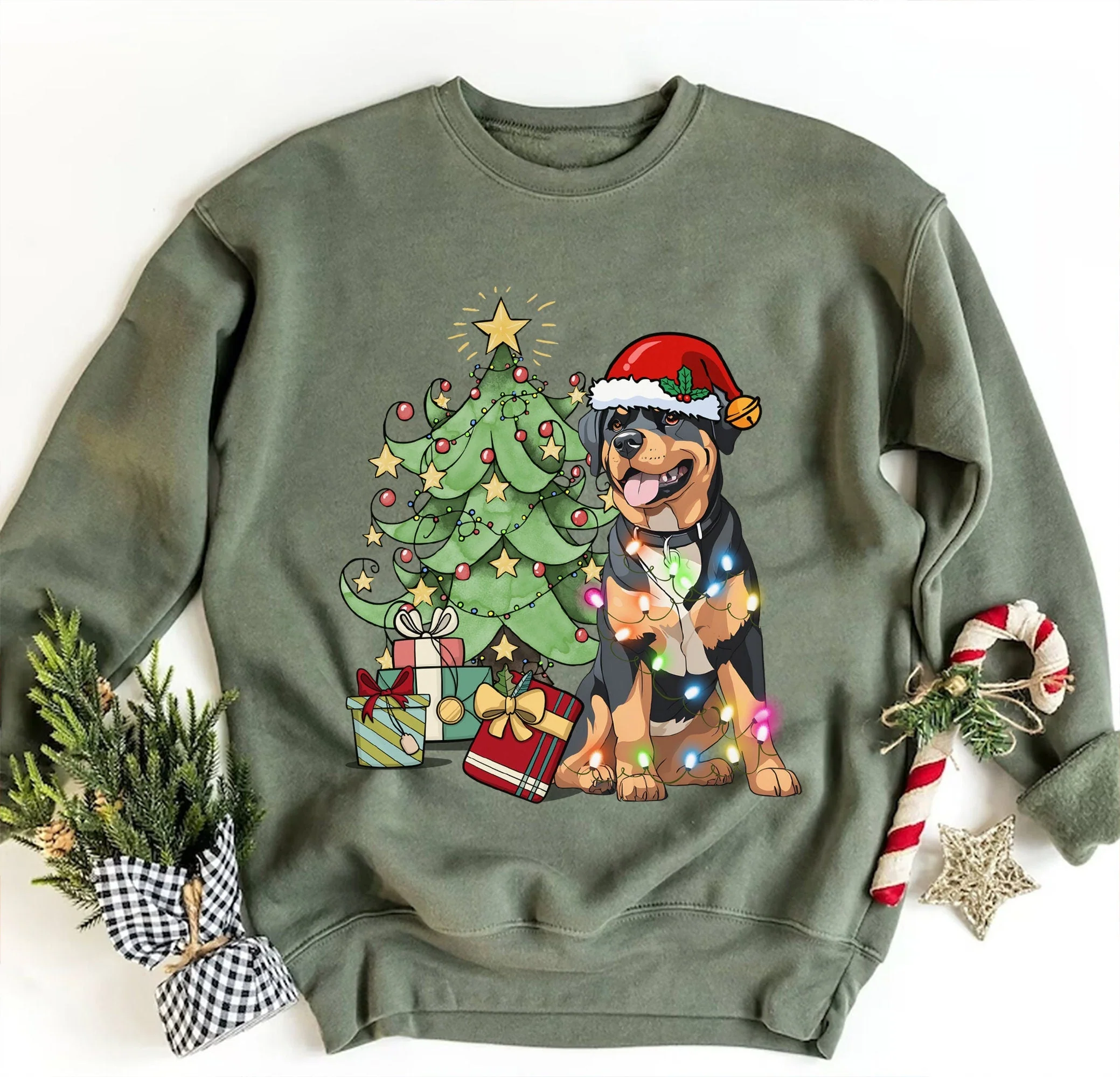 Rottweiler Christmas Sweatshirt, Rottweiler Sweatshirt, Rottweiler Xmas Gift, Rottweiler Christmas Tree, Rottweiler Christmas Tree Light Tee - Image 3