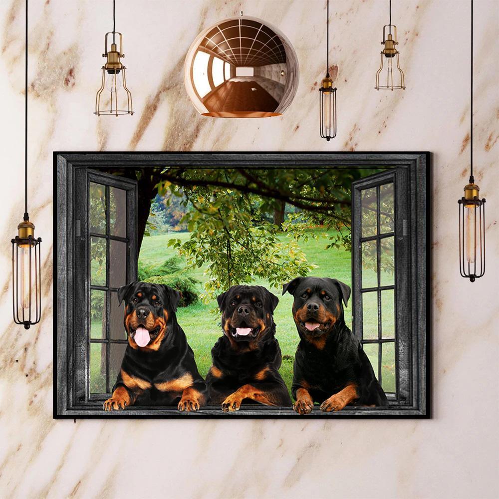 Rottweiler Landscape Canvas - Three Rottweiler Looking From Window - Gift For Family, Friends, Lovers Dog Landscape Canvas, Wall Decor Visual Art