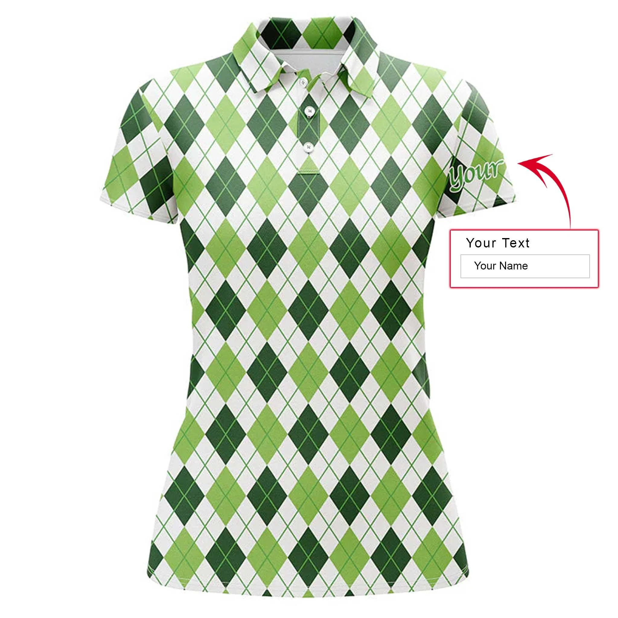 Saint Patrick's Day Custom Name Women Polo Shirt, Green Argyle St Patrick's Day Pattern Personalized Golf Polo Shirts, Gift For Team, Ladies