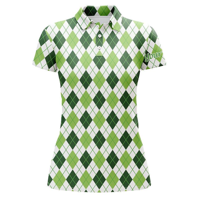 Saint Patrick's Day Custom Name Women Polo Shirt, Green Argyle St Patrick's Day Pattern Personalized Golf Polo Shirts, Gift For Team, Ladies - Image 2