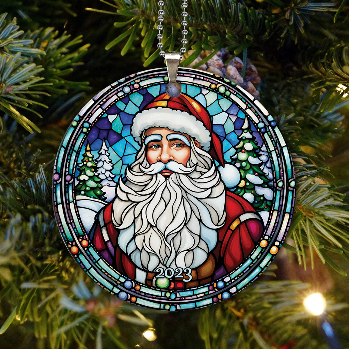 Santa Claus Ceramic Christmas Ornament - Santa Claus Stained Glass 2023 Circle Ceramic Ornament, Perfect Gift For Christmas, Holiday Decor - Image 2