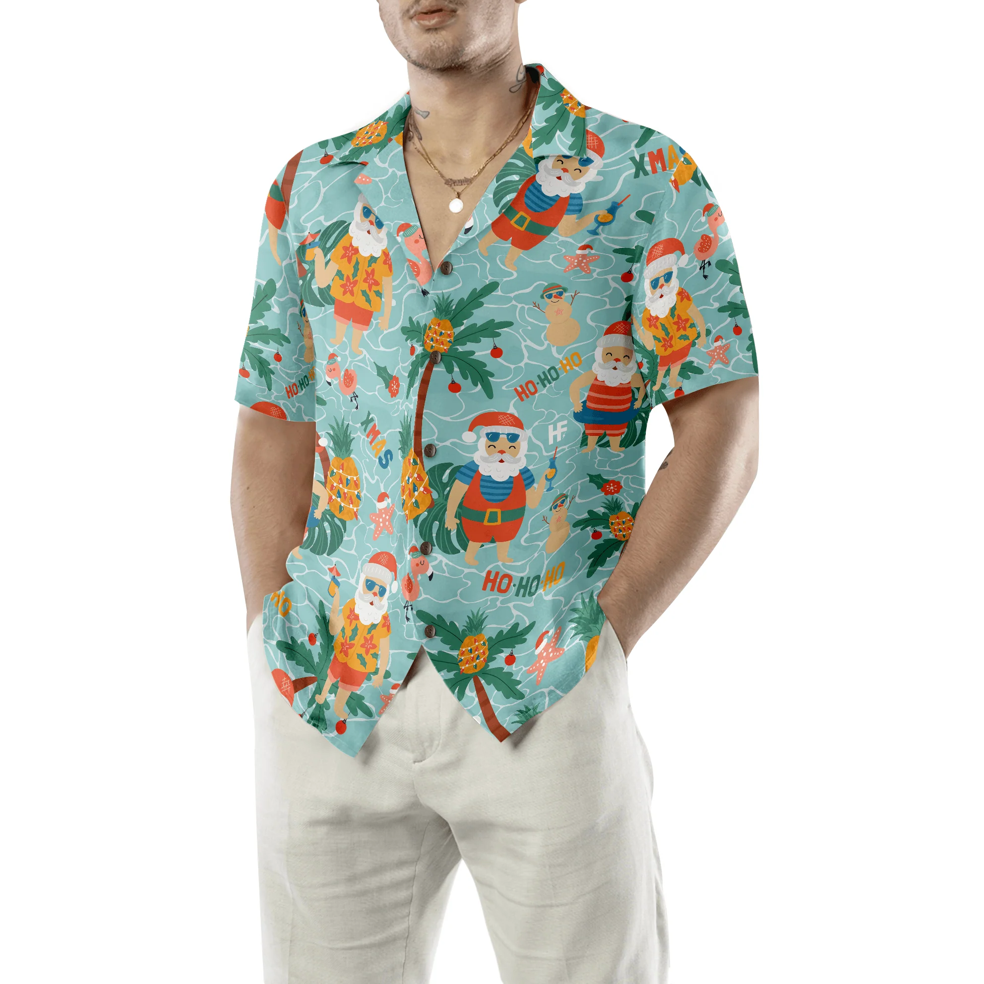 Santa Claus Hawaiian Shirt, Pineapple With Santa Claus On Sea Beach Aloha Shirt, Colorful Summer Aloha Shirt For Men Women, Gift For Friend, Team, Family - Image 3