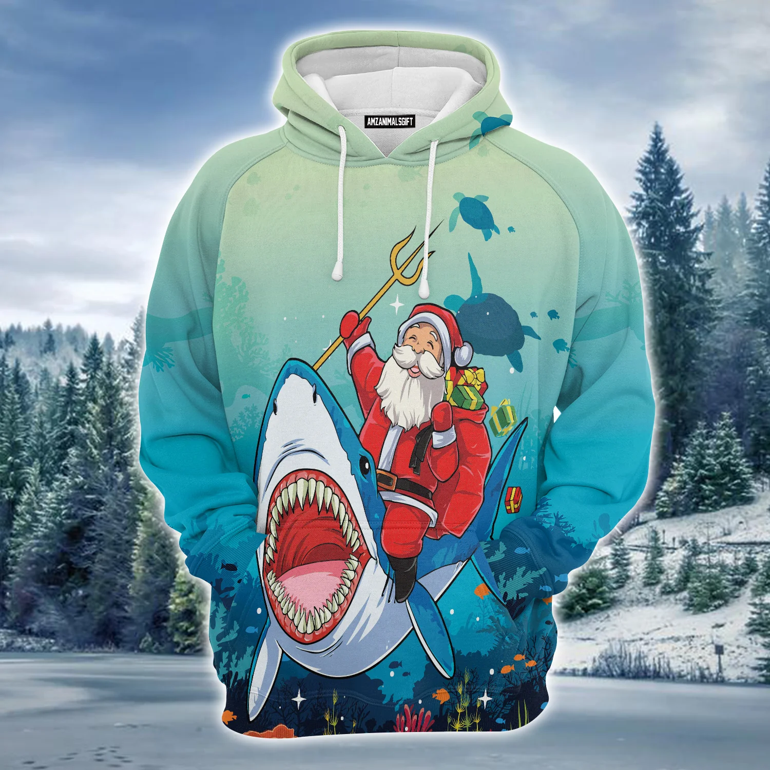 Santa Claus With Shark Premium Christmas Hoodie, Blue Ocean Unisex Hoodie For Men & Women - Perfect Gift For Christmas, Friends, Family - Image 2