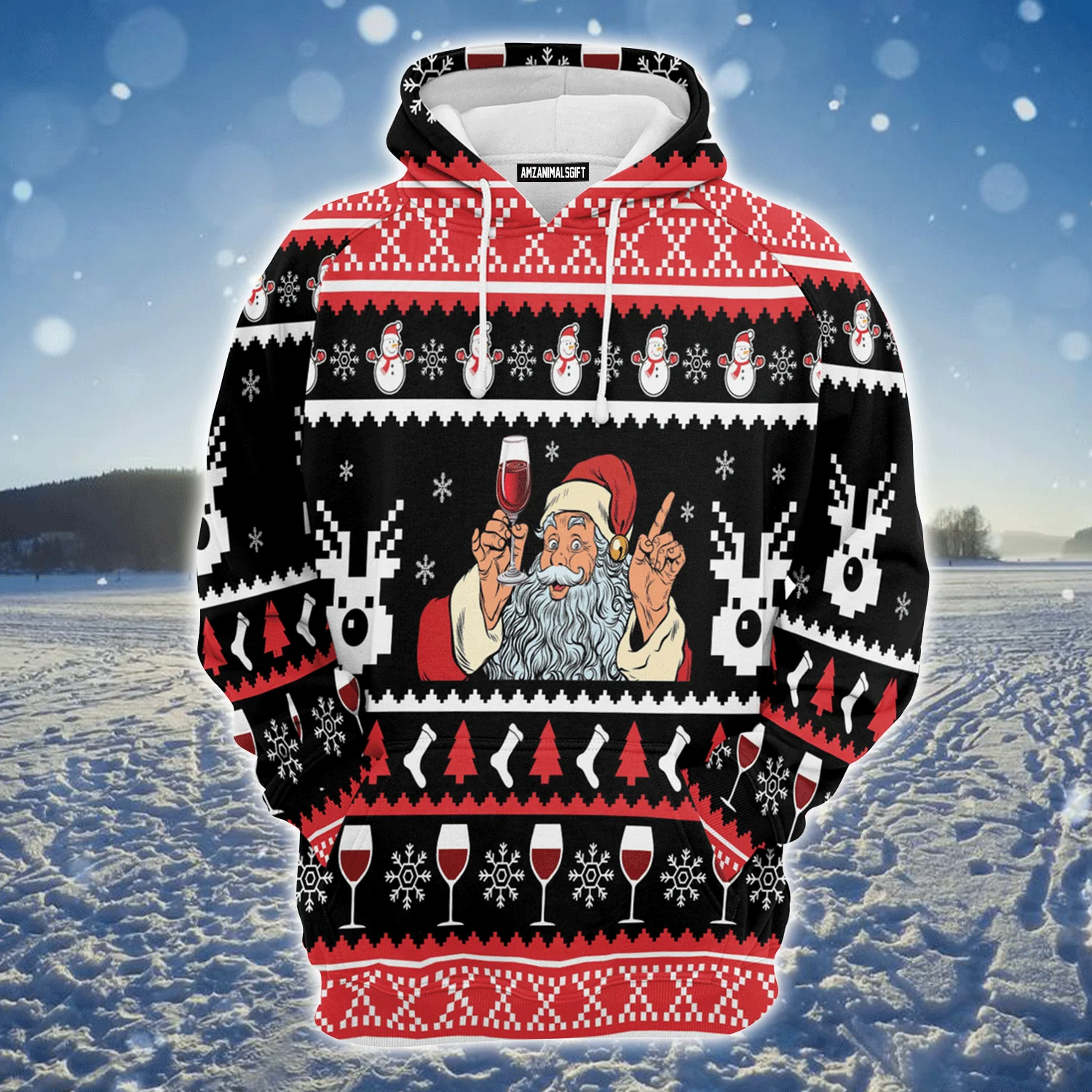 Santa Drinking Premium Christmas Hoodie, Santa Drinking Red Wine  Unisex Hoodie For Men & Women - Perfect Gift For Christmas, Friends, Family - Image 2