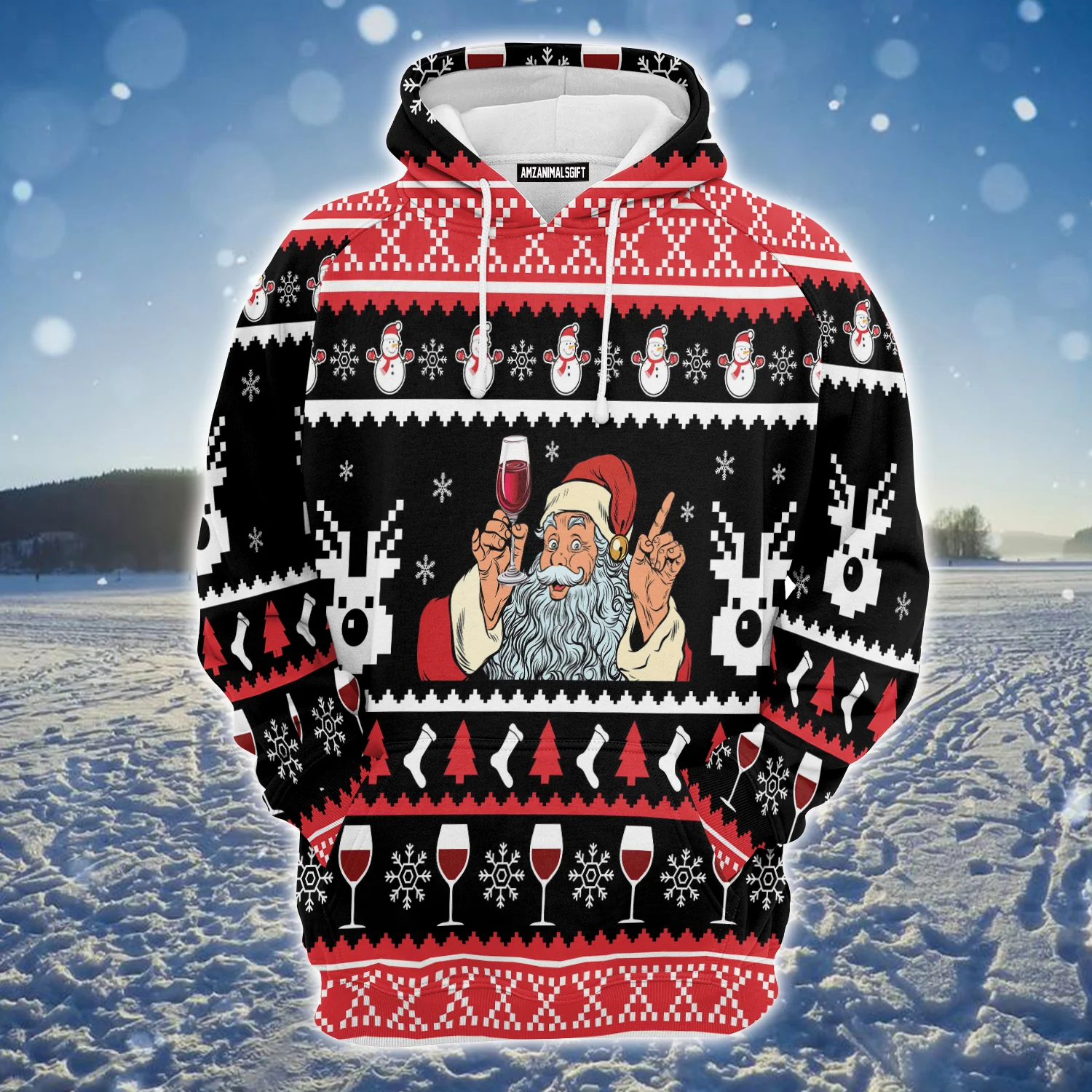 Santa Drinking Red Wine Premium Christmas Hoodie, Snowman Christmas Pattern Unisex Hoodie For Men & Women - Perfect Gift For Christmas, Friends - Image 2