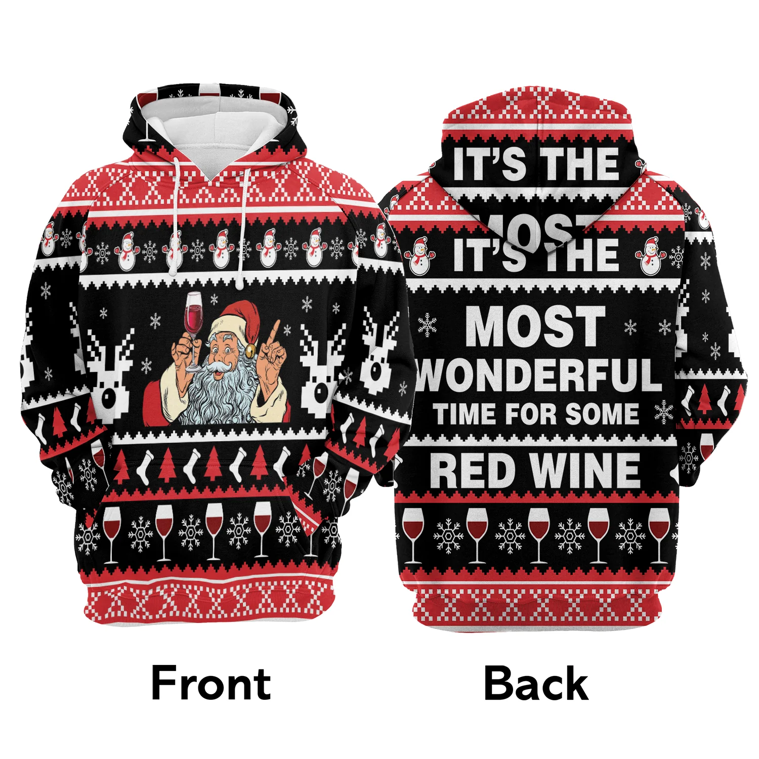 Santa Drinking Red Wine Premium Christmas Hoodie, Snowman Christmas Pattern Unisex Hoodie For Men & Women - Perfect Gift For Christmas, Friends - Image 3