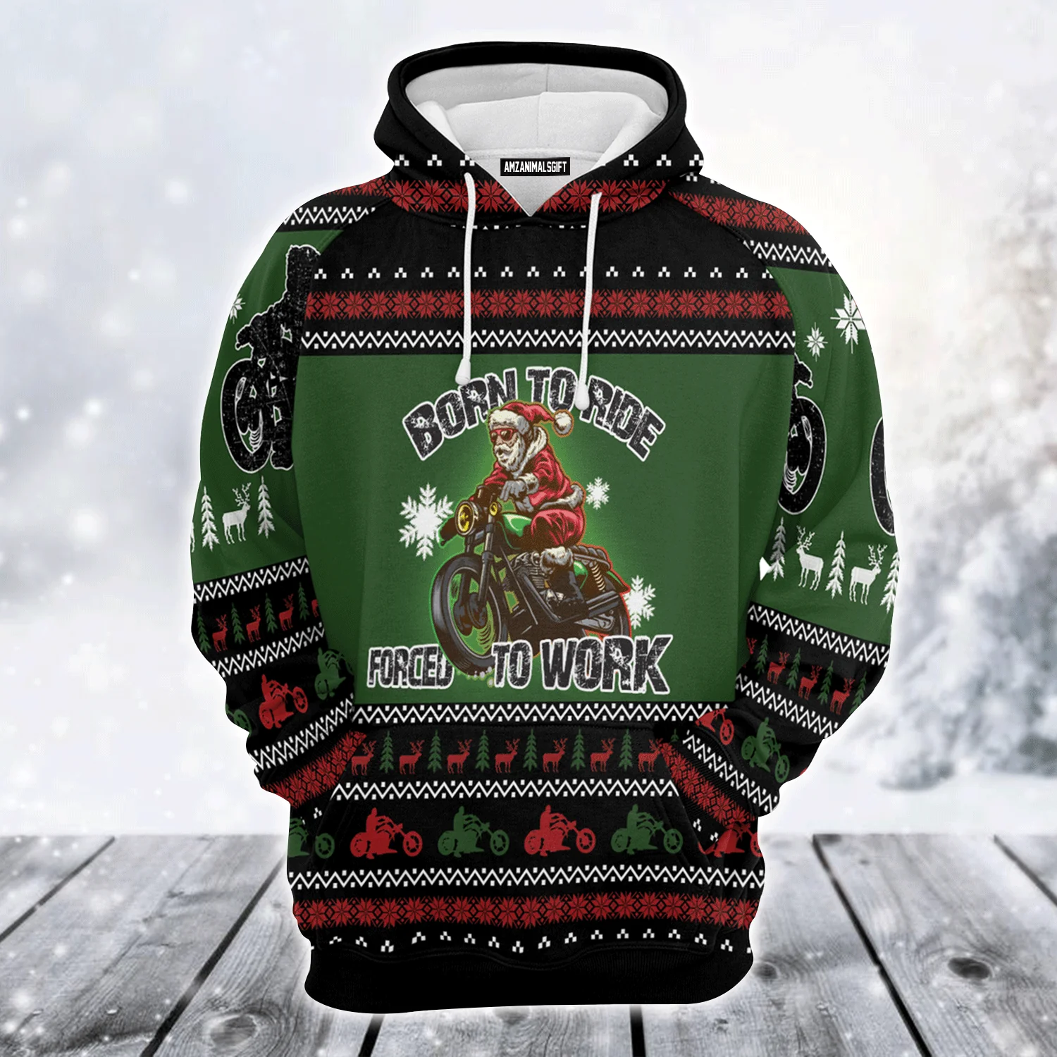 Santa Premium Christmas Hoodie, Born To Ride Forced To Work Unisex Hoodie For Men & Women - Perfect Gift For Christmas, Motorbike Lover - Image 2