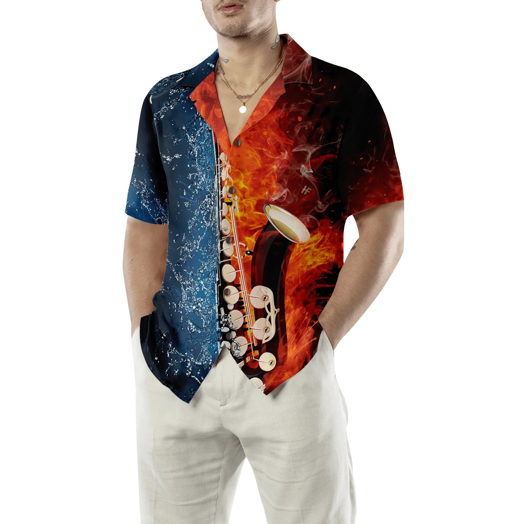 Saxophone Hawaiian Shirt, Saxophone With Water And Flame Hawaiian Shirt For Men Women, Gift For Friend, Family, Saxophone Music Lovers - Image 5