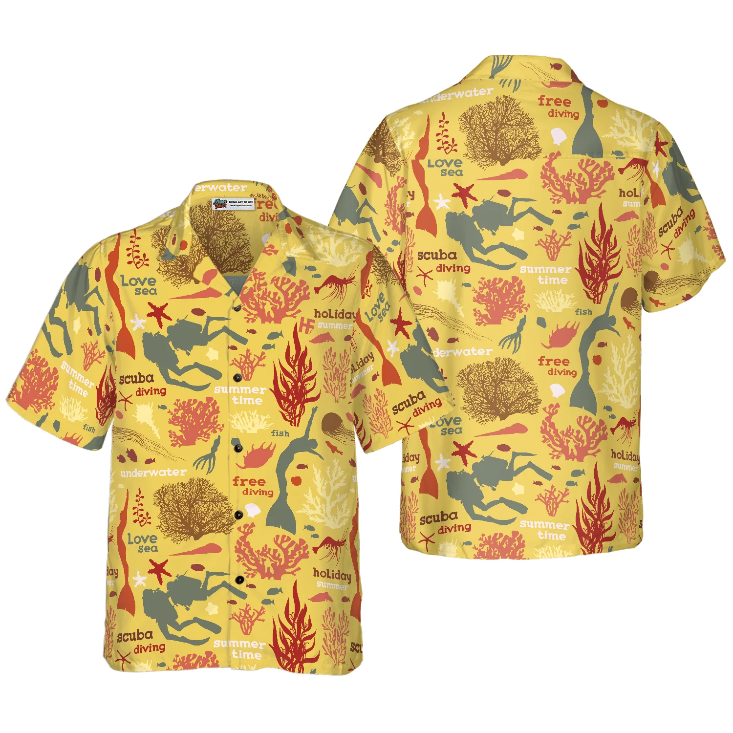 Scuba Diver And Sea Pattern Yellow Hawaiian Shirt, Colorful Summer Aloha Shirt For Men Women, Gift For Friend, Team, Diving Lovers