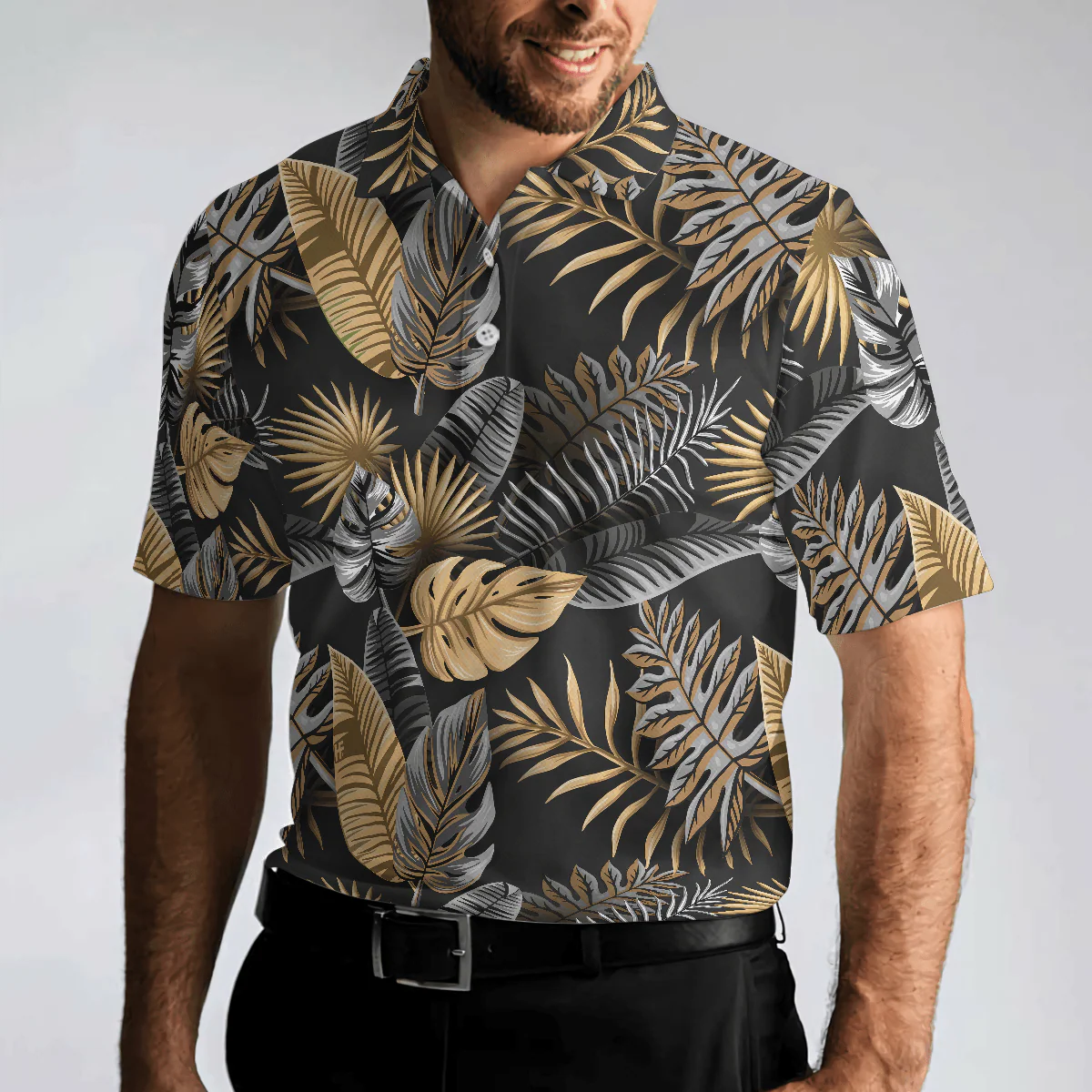 Men Golf Polo Shirt - Seamless Luxury Tropical Pattern Golf Polo Shirt, Black And Gold Best Floral Golf Shirt For Men - Perfect Gift For Men, Golfer - Image 5