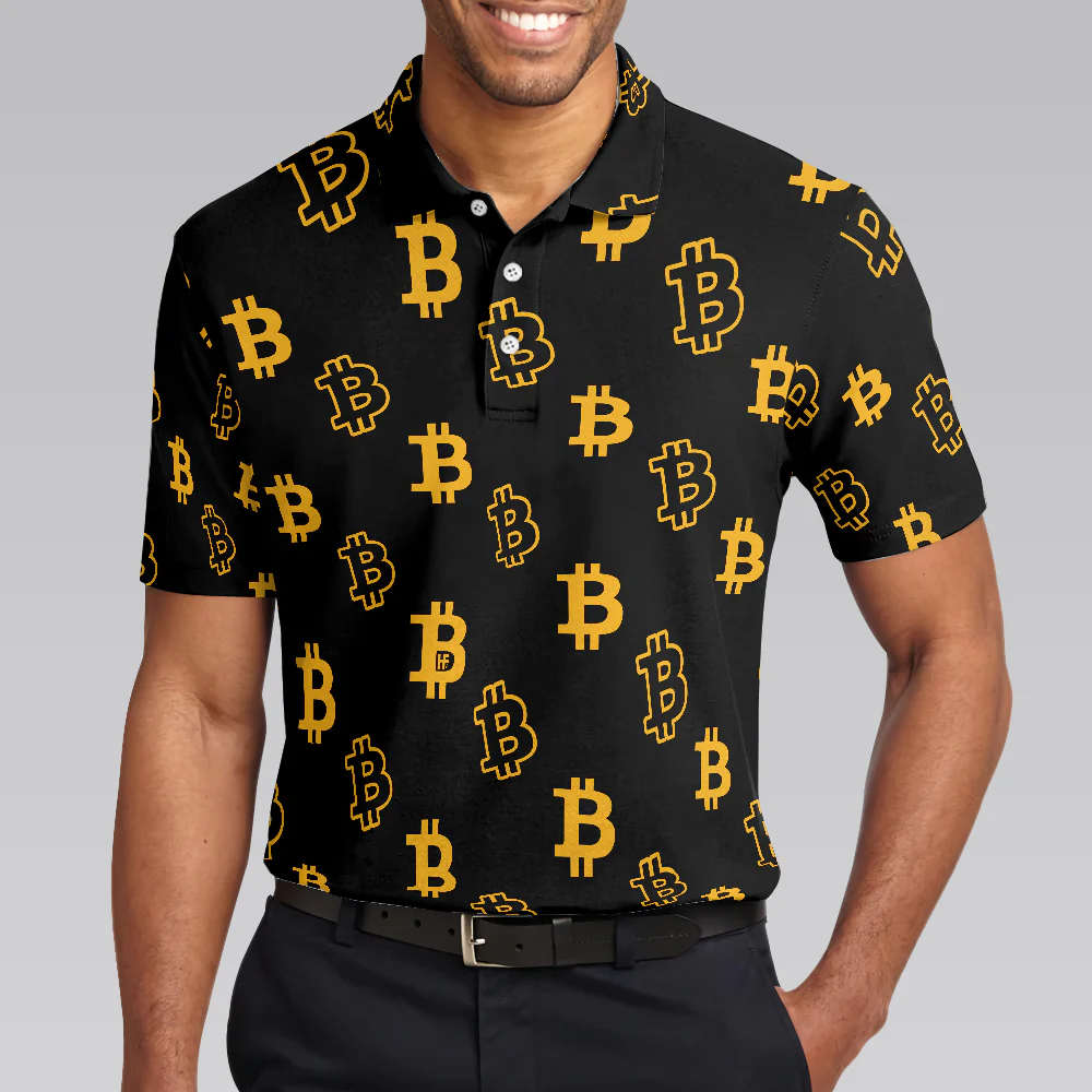 Seamless Pattern Bitcoin Polo Shirt, Luxury Black And Gold Polo Shirt, Best Cryptocurrency Shirt For Men - Best Gift For Men - Image 5