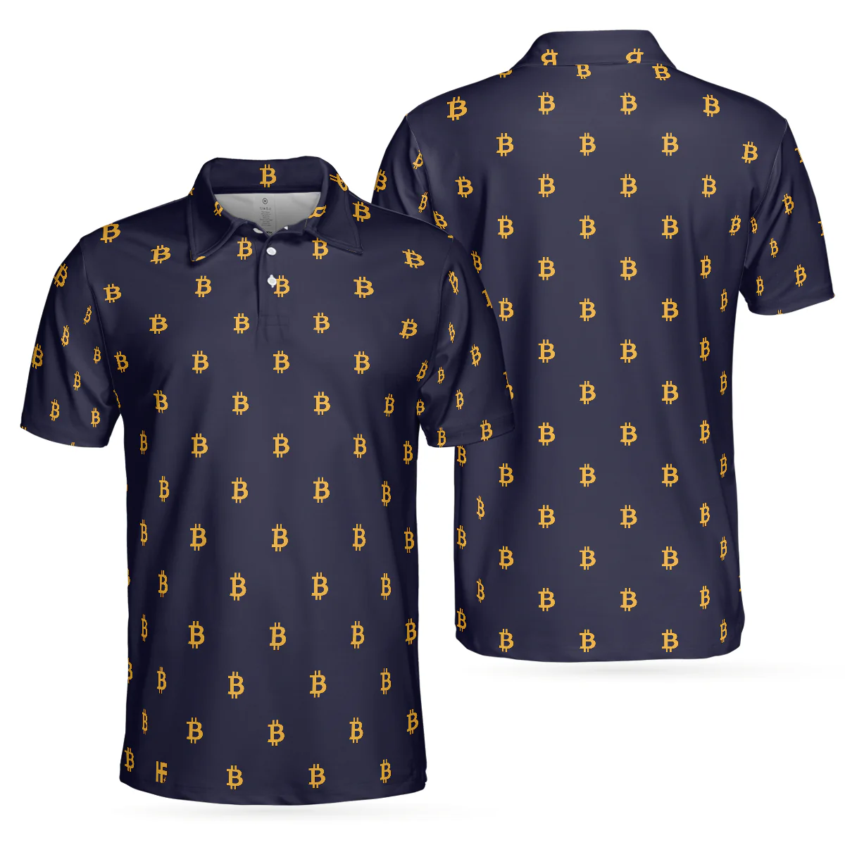 Seamless Pattern Sign Bitcoin Polo Shirt, Navy Blue And Gold Polo Shirt, Best Cryptocurrency Shirt For Men - Perfect Gift For Men, Golfer