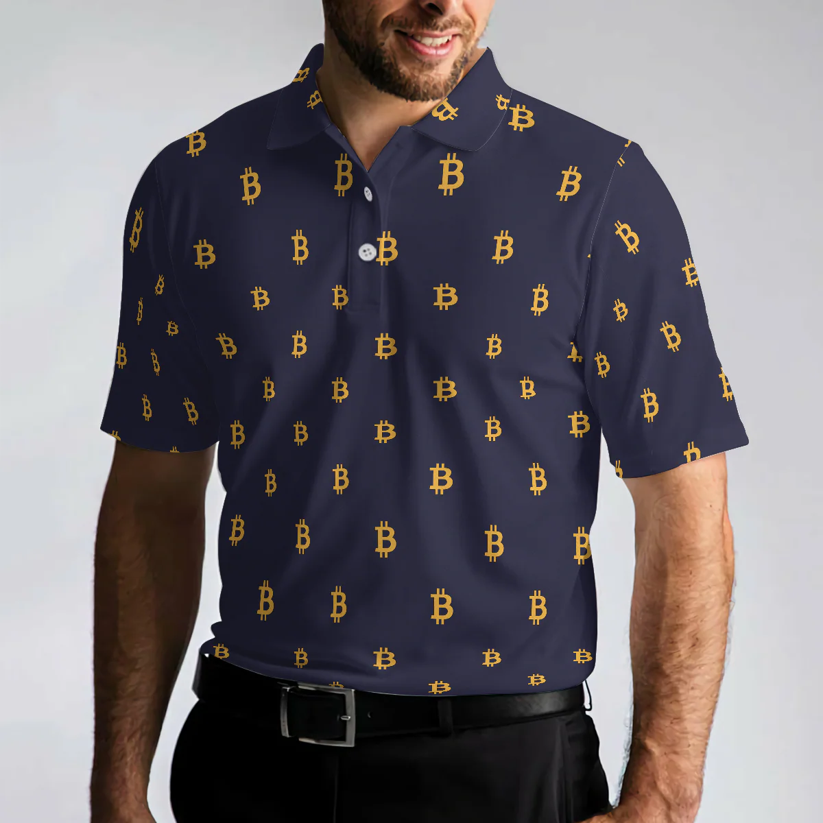 Seamless Pattern Sign Bitcoin Polo Shirt, Navy Blue And Gold Polo Shirt, Best Cryptocurrency Shirt For Men - Perfect Gift For Men, Golfer - Image 5