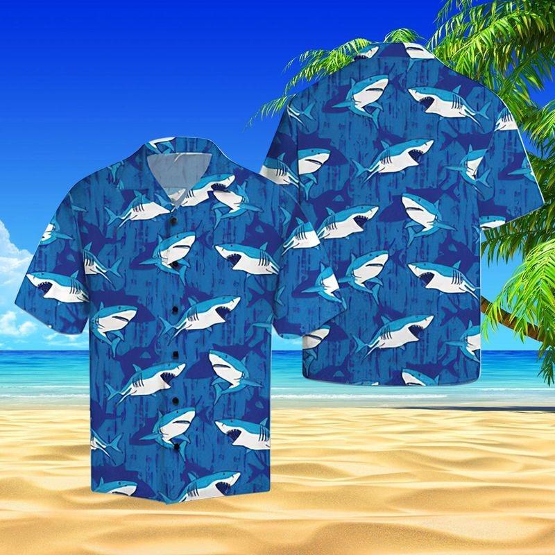 Shark Aloha Hawaiian Shirt - Creepy Shark Pattern Hawaiian Shirt, Blue Background Hawaiian Shirt For Men & Women, Shark Lover