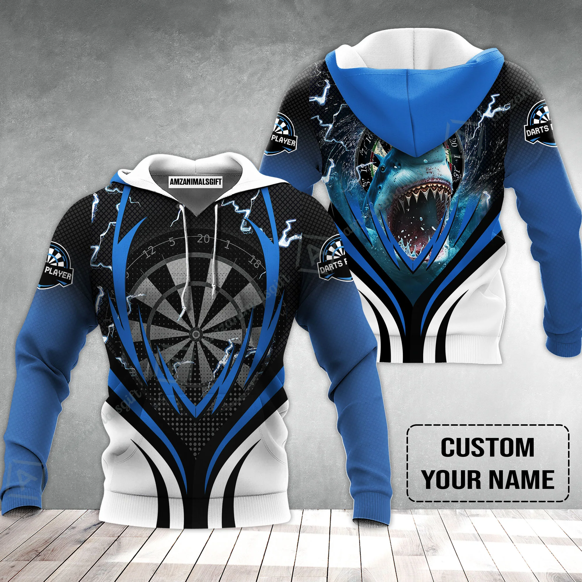 Shark And Darts Custom Name Hoodie, Bullseye Dartboard Personalized Hoodie - Image 2