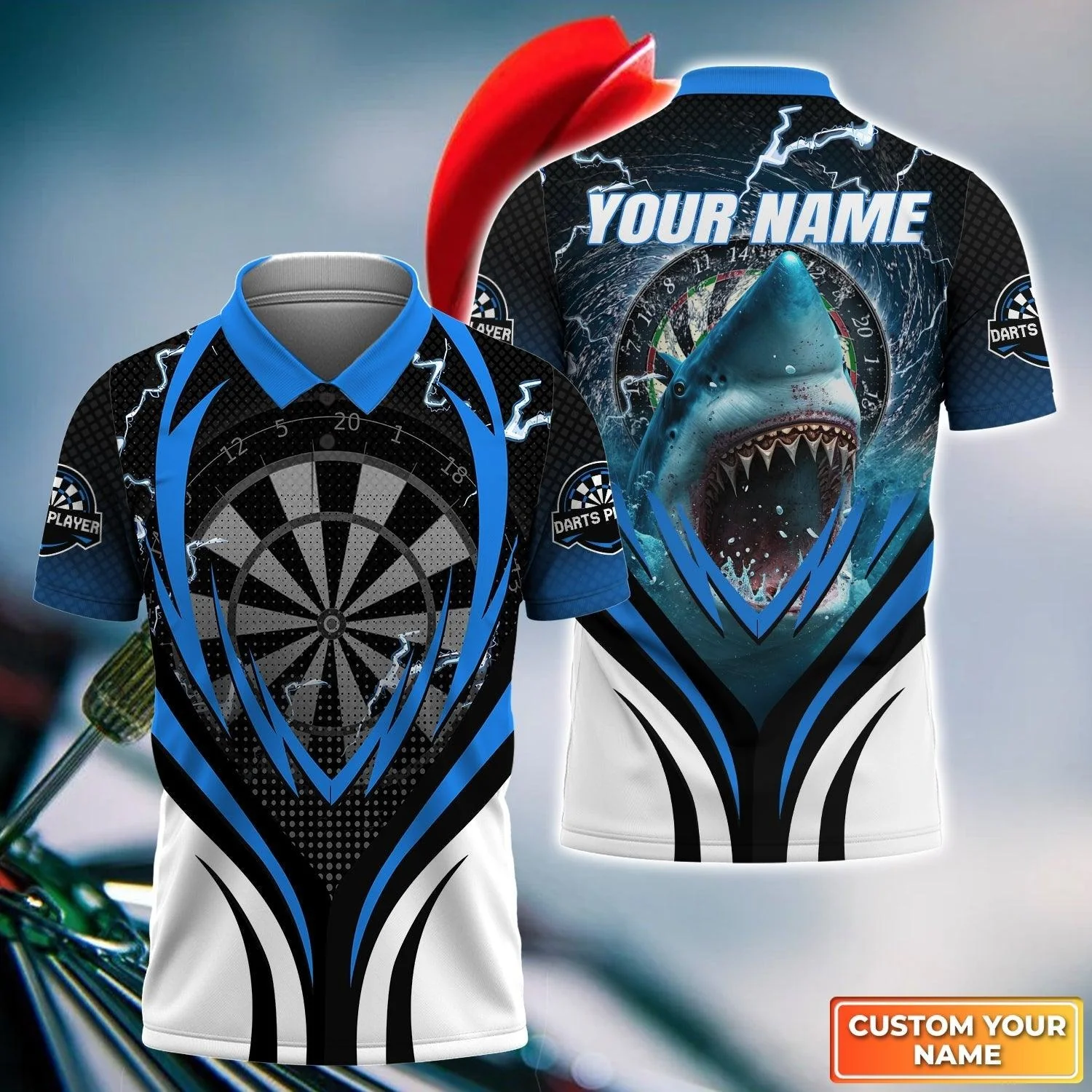 Shark And Darts Custom Name Men Polo Shirt, Bullseye Dartboard Personalized Men Polo Shirt - Image 2