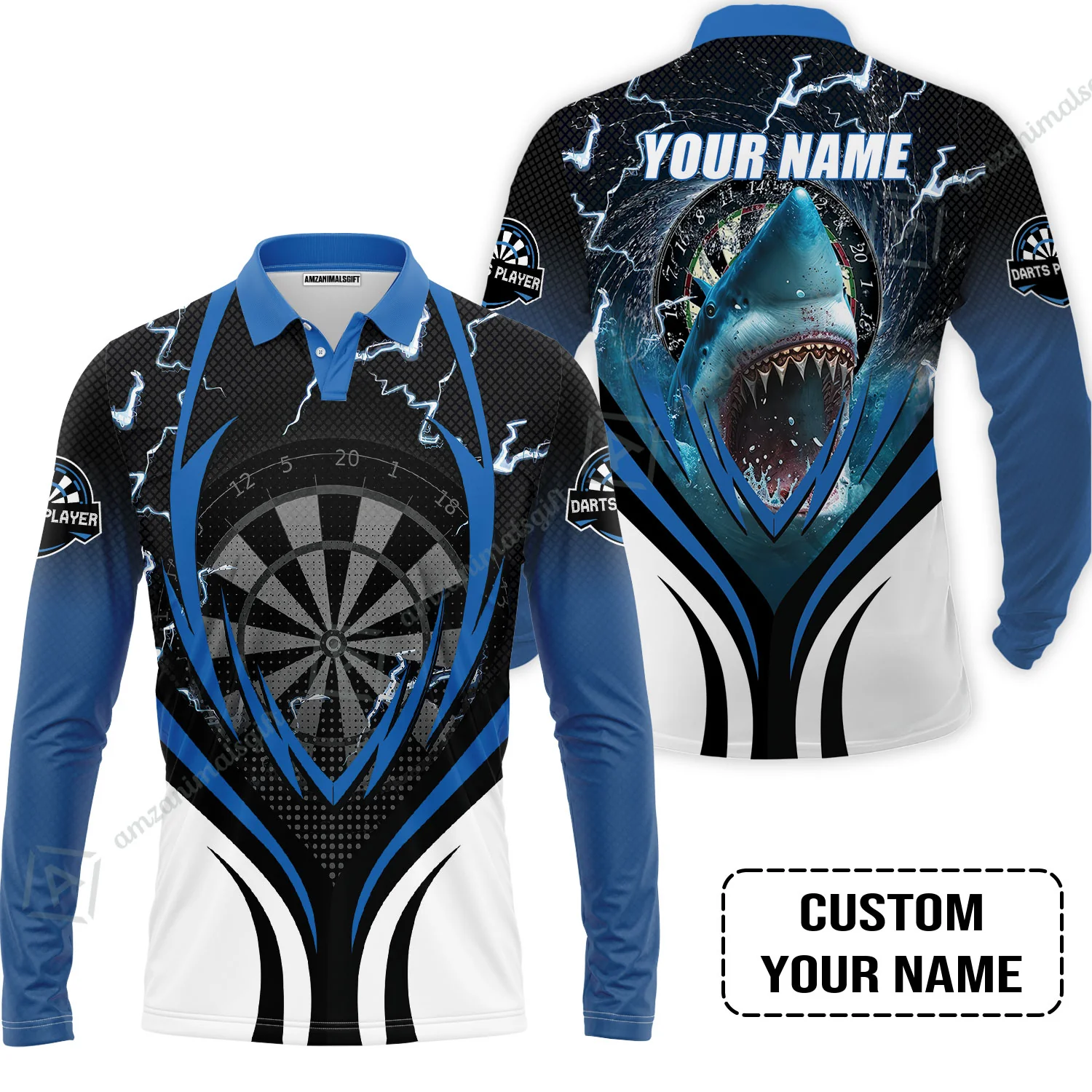 Shark And Darts Custom Name Men Polo Shirt, Bullseye Dartboard Personalized Men Polo Shirt - Image 3