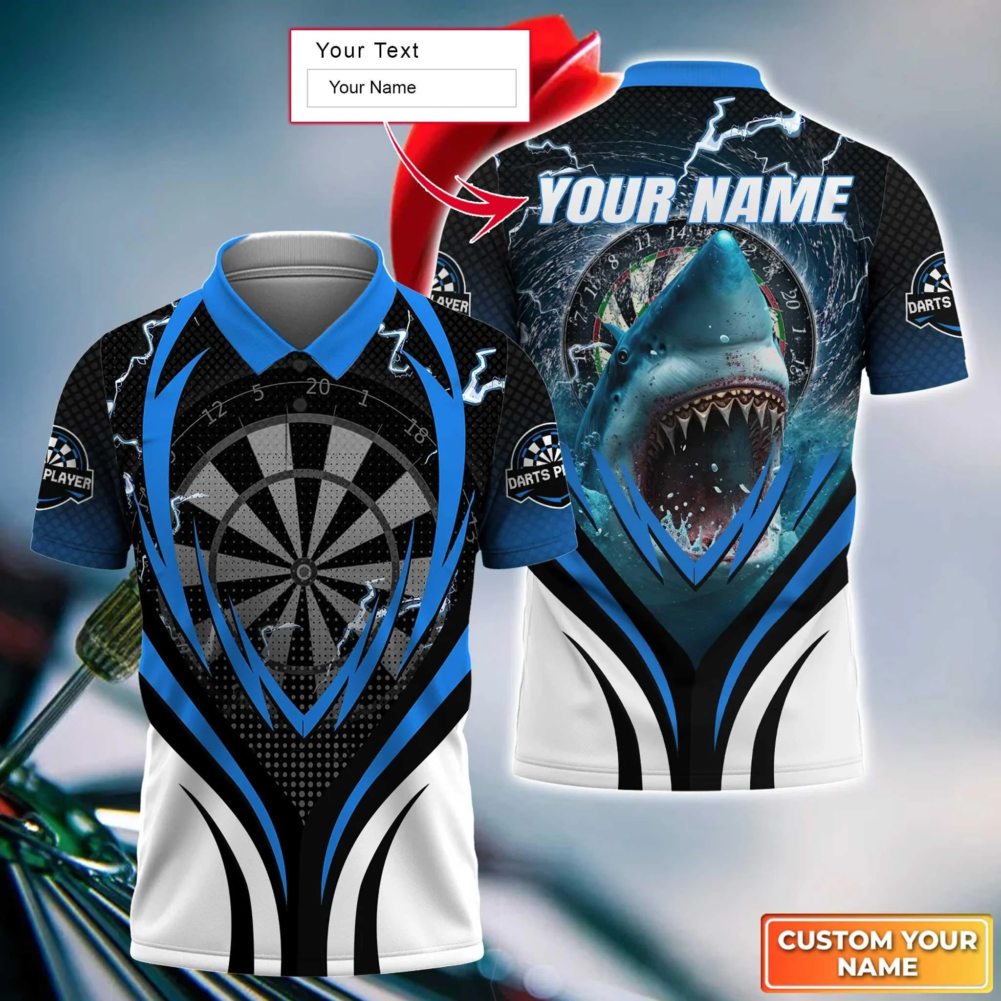 Shark And Darts Custom Name Men Polo Shirt, Bullseye Dartboard Personalized Men Polo Shirt Gift For Darts Lovers, Friend, Team Players - Image 3
