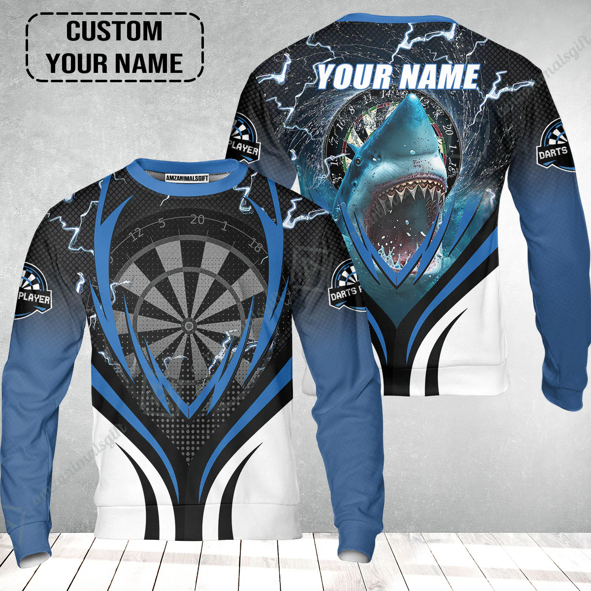 Shark And Darts Custom Name Sweatshirt, Bullseye Dartboard Personalized Sweatshirt - Image 2