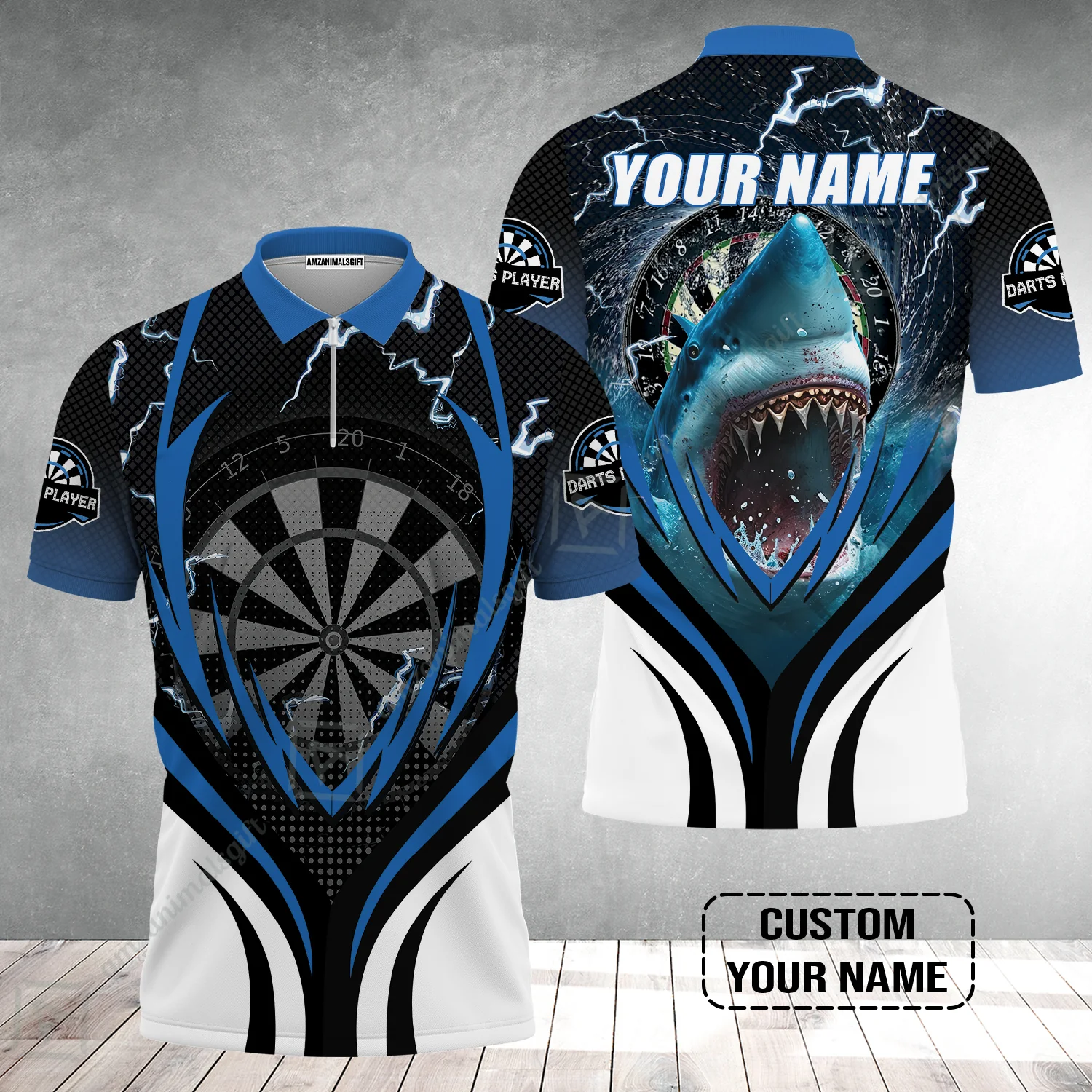 Shark And Darts Custom Name Zip Polo Shirt, Bullseye Dartboard Personalized Zip Polo Shirt - Image 2