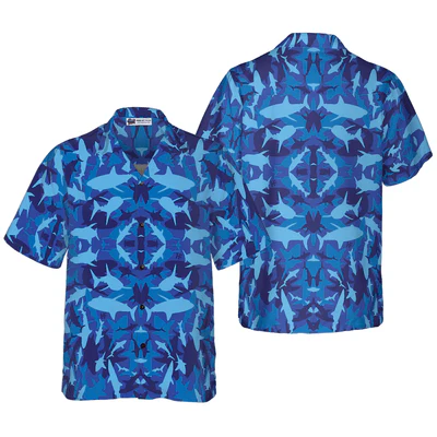 Shark Blue Camo Pattern Hawaiian Shirt, Tropical Summer Shark Blue Hawaiian Shirt For Men - Perfect Gift For Shark Lovers, Friend, Family