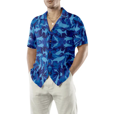 Shark Blue Camo Pattern Hawaiian Shirt, Tropical Summer Shark Blue Hawaiian Shirt For Men - Perfect Gift For Shark Lovers, Friend, Family - Image 4
