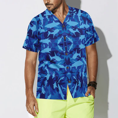 Shark Blue Camo Pattern Hawaiian Shirt, Tropical Summer Shark Blue Hawaiian Shirt For Men - Perfect Gift For Shark Lovers, Friend, Family - Image 5
