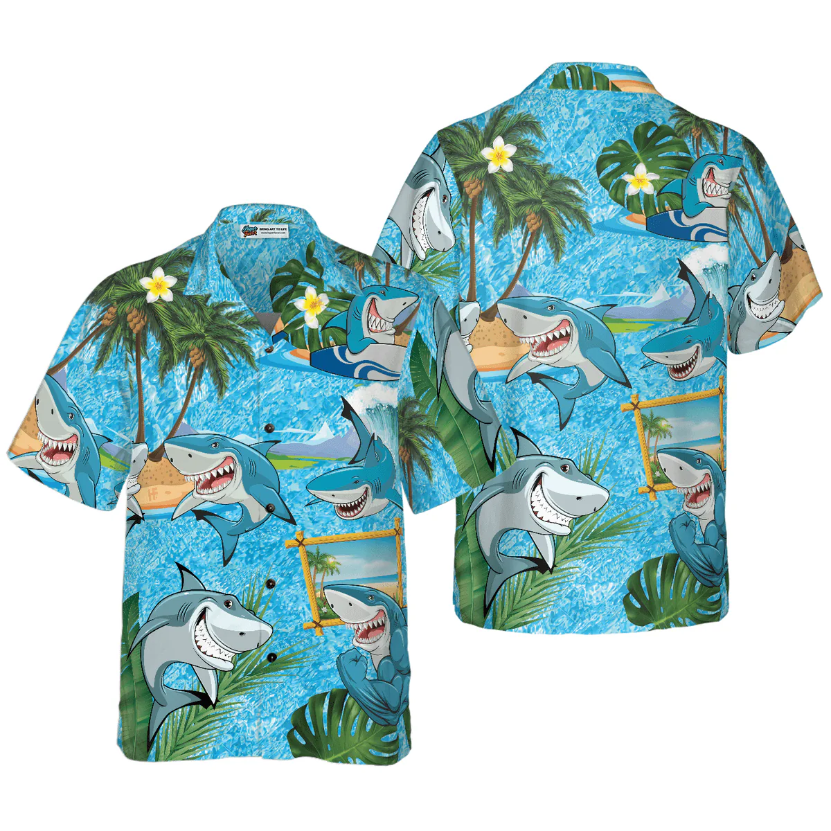 Shark Hawaiian Shirt, Blue Beach, Coconut Tree, Sharks On The Beach Aloha Shirt For Men - Perfect Gift For Husband, Boyfriend, Friend, Family