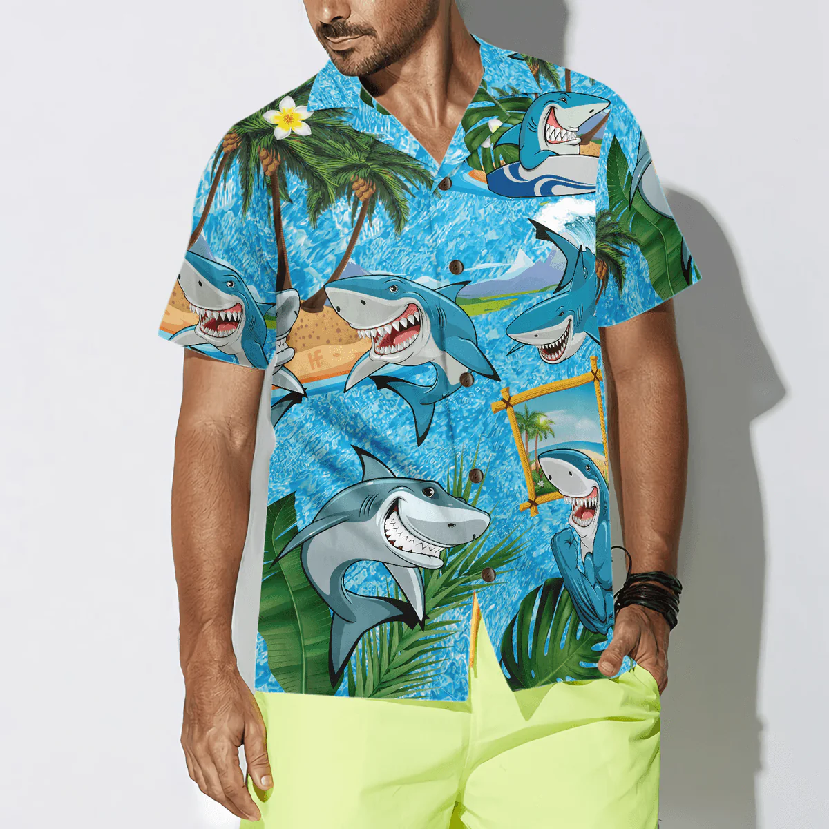 Shark Hawaiian Shirt, Blue Beach, Coconut Tree, Sharks On The Beach Aloha Shirt For Men - Perfect Gift For Husband, Boyfriend, Friend, Family - Image 4