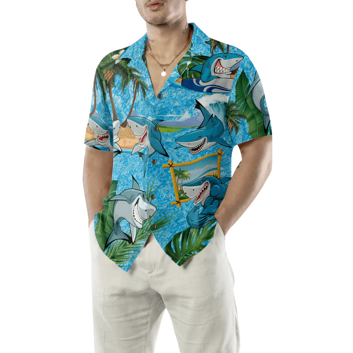 Shark Hawaiian Shirt, Blue Beach, Coconut Tree, Sharks On The Beach Aloha Shirt For Men - Perfect Gift For Husband, Boyfriend, Friend, Family - Image 5