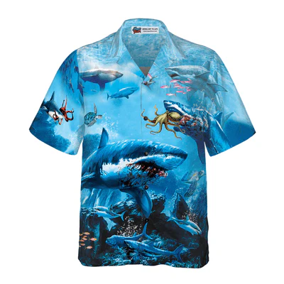 Shark Hawaiian Shirt, Dangerous Shark, Blue Sea Aloha Shirt For Men - Perfect Gift For Husband, Boyfriend, Friend, Family - Image 2