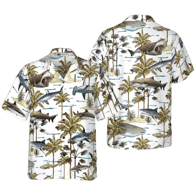 Shark Hawaiian Shirt, Tropical Palm Tree Aloha Shirt For Men - Perfect Gift For Shark Lovers, Husband, Boyfriend, Friend, Family