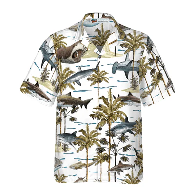 Shark Hawaiian Shirt, Tropical Palm Tree Aloha Shirt For Men - Perfect Gift For Shark Lovers, Husband, Boyfriend, Friend, Family - Image 2