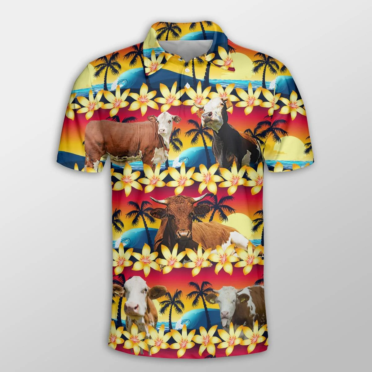 Simmental Men Polo Shirts For Summer - Simmental Beach Sunset Pattern Button Shirts For Men - Perfect Gift For Simmental Lovers, Cattle Lovers - Image 2