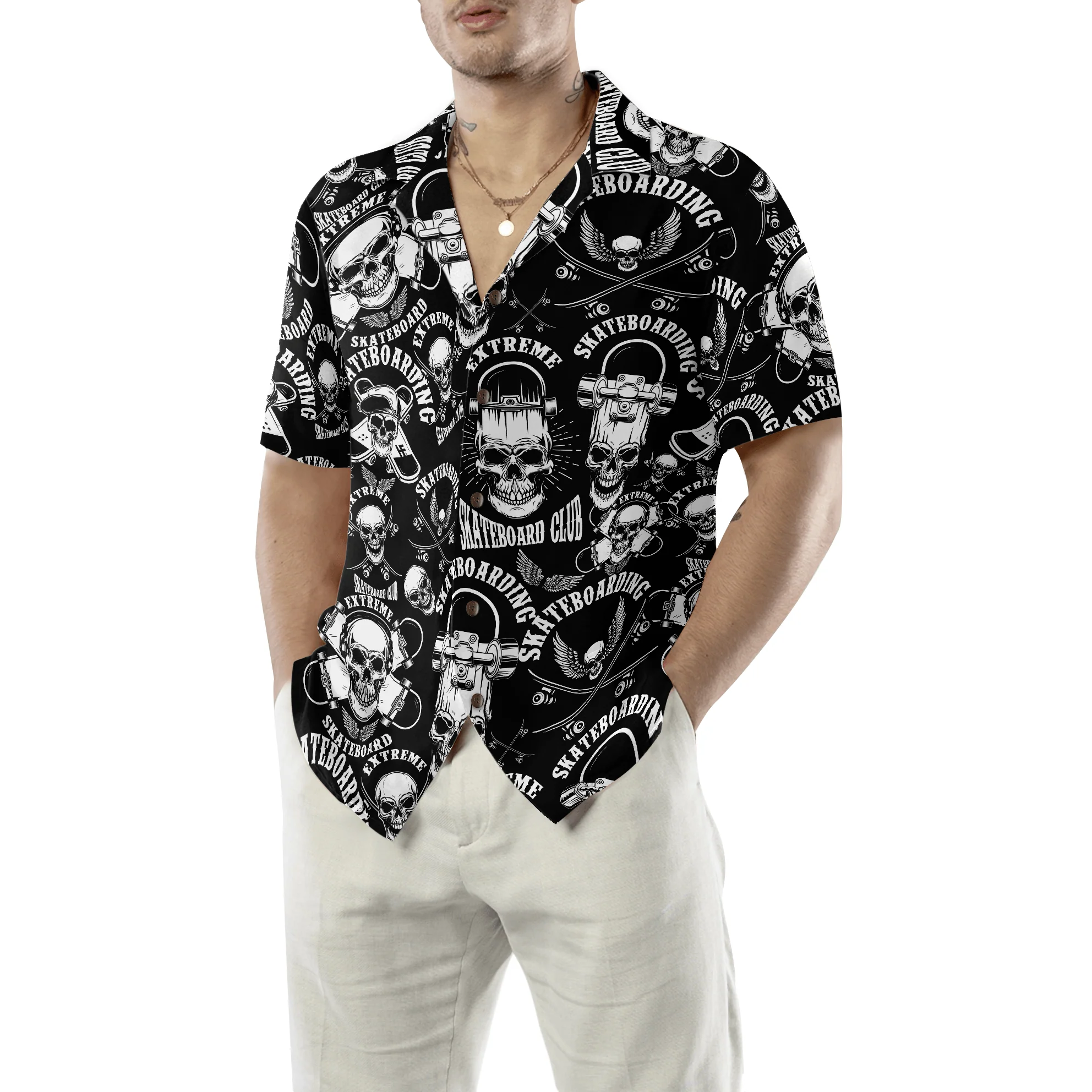 Skateboard Emblems In Monochrome Style Aloha Hawaiian Shirt For Summer, Colorful Shirt For Men Women, Perfect Gift For Friend, Team, Family - Image 5