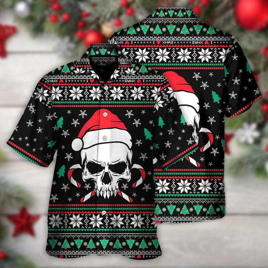 Skull Aloha Hawaiian Shirt For Summer - Christmas Skull Wearing Santa Claus Hat And Sweat Candy Hawaiian Shirt - Perfect Gift For Men, Women, Skull Lover