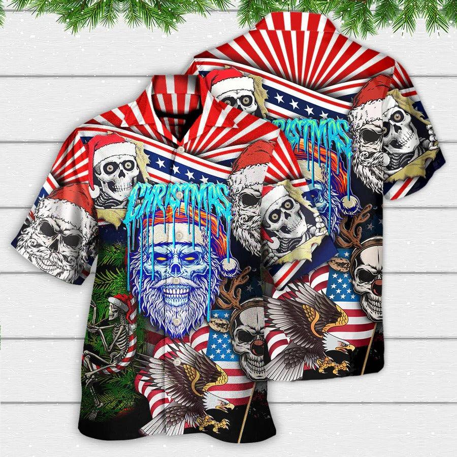 Skull Aloha Hawaiian Shirt For Summer - Skull Christmas US Flag Skeleton Horror Merry Christmas Hawaiian Shirt - Perfect Gift For Men, Women, Skull Lover