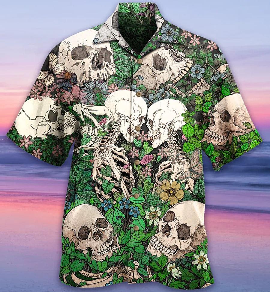 Skull Aloha Hawaiian Shirt For Summer - Skull Couple Kiss, Tropical flowers Hawaiian Shirt - Perfect Gift For Men, Women, Skull Lover - Image 2