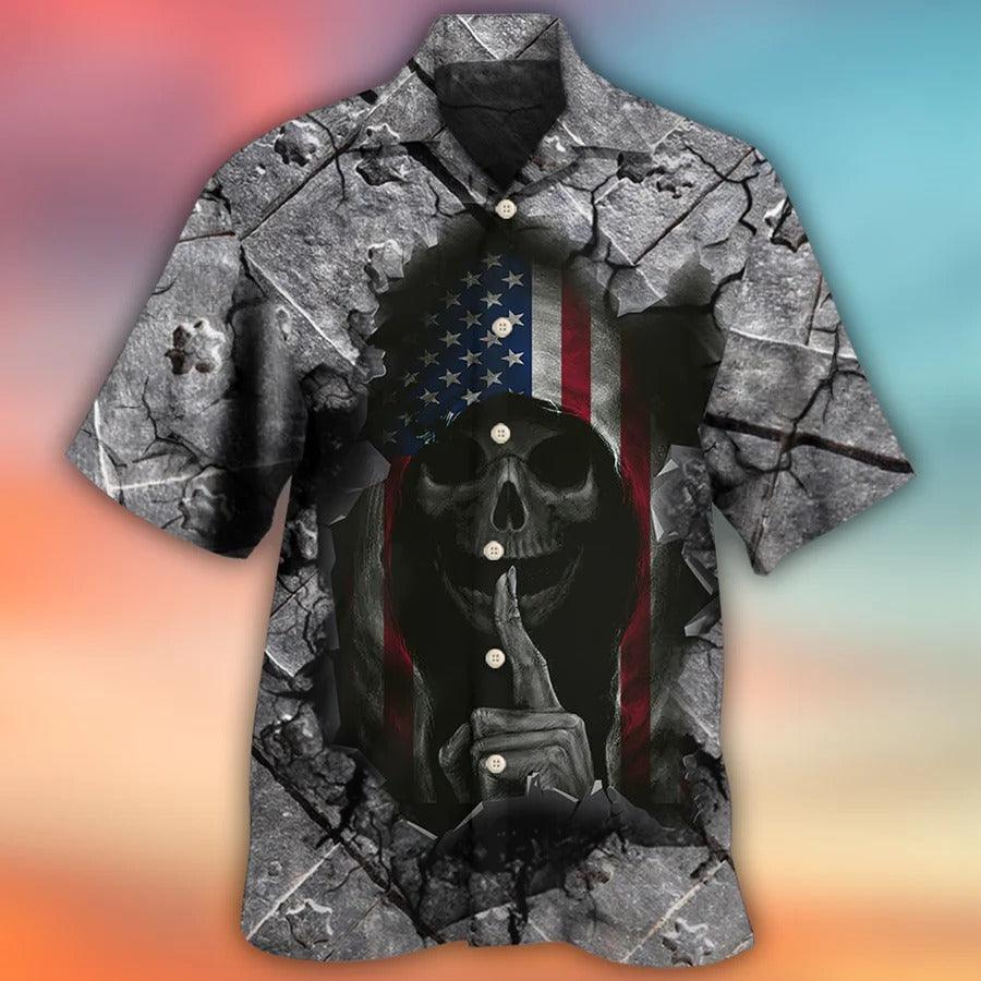 Skull Aloha Hawaiian Shirt For Summer - Skull Dark American Flag Strong Wrought Iron Hawaiian Shirt - Perfect Gift For Men, Women, Skull Lover - Image 2